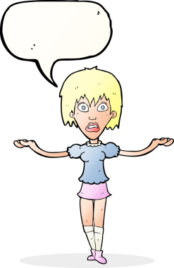 Bir insan tarafından çizilmiş konuşma baloncuğuyla omuz silken çizgi film kadını.