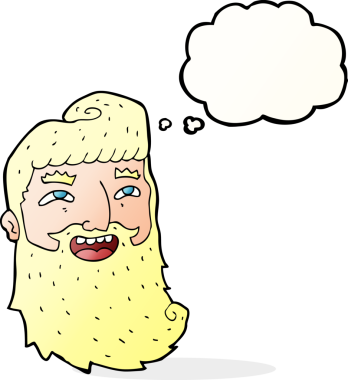 Çizgi filmdeki sakallı adam bir insan tarafından çizilmiş düşünce balonuyla gülüyor.