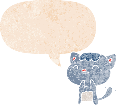 çizgi film mutlu kedi konuşma balonu ile grunge sıkıntılı retro dokuma tarzı bir insan tarafından çizilmiş