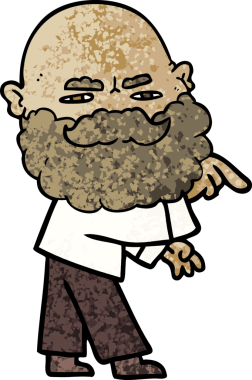 Bir insan tarafından çizilen ve kaşlarını çatan sakallı bir çizgi film adamı.