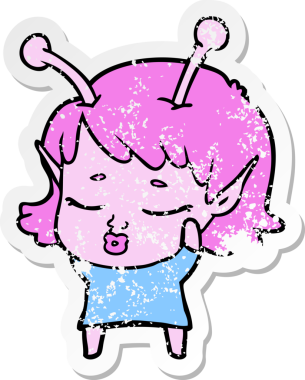 Bir insan tarafından çizilmiş sevimli bir uzaylı kız çizgi filminin sıkıntılı çıkartması.