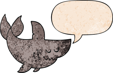 Konuşma baloncuğu olan bir karikatür köpekbalığı insan tarafından çizilmiş.