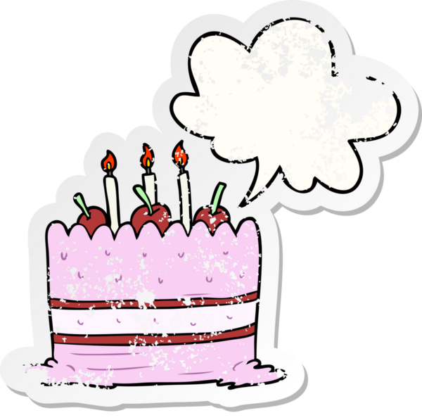 Doğum günü pastası. Konuşma baloncuğu olan. Bir insan tarafından çizilmiş sıkıntılı eski bir çıkartma.