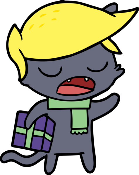 Bir insan tarafından çizilmiş peruklu ve hediyeli konuşan kedi çizgi filmi.