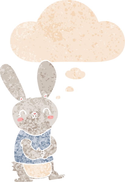 Homurdanan düşünce baloncuğu olan sevimli çizgi film tavşanı bir insan tarafından çizilmiş dertli retro tarzı.