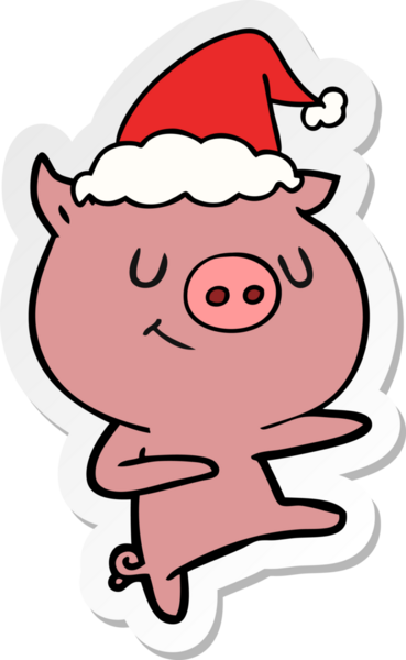 Bir insan tarafından çizilmiş Noel Baba şapkası takan bir domuzun mutlu el çizimi karikatürü.