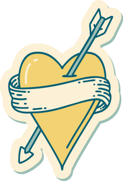 Bir insan tarafından çizilmiş ok kalp ve pankartın geleneksel stiliyle dövme çıkartması.