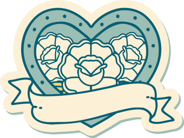 Geleneksel kalp stili dövme çıkartması ve bir insan tarafından çizilmiş çiçekli pankart.