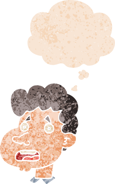 Düşünce baloncuklu karikatür şoke adam grunge sıkıntılı retro dokuma bir insan tarafından çizilmiş