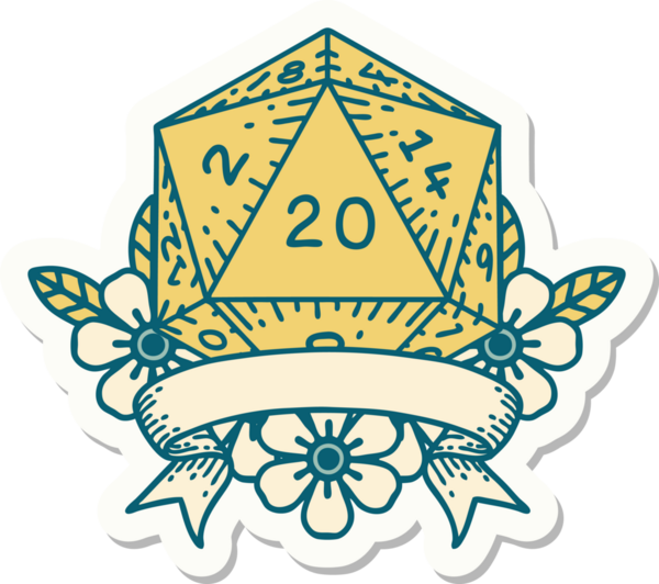 Bir insan tarafından çizilmiş 20 kritik vuruşluk D20 zar etiketi.