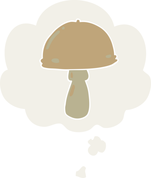 Düşünce baloncuğu olan çizgi film mantarları insan tarafından çizilmiş.