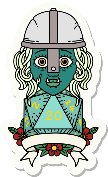 Bir insan tarafından çizilmiş 20 zarlı yarım ork savaşçısının çıkartması.