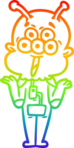 Gökkuşağı gradyan çizgisi mutlu bir çizgi film uzaylısının omuzlarını silkeleyen bir insan tarafından çizilmiş.