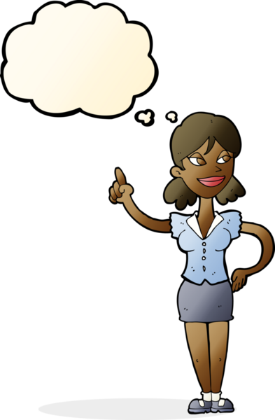 Bir insan tarafından çizilmiş düşünce baloncuğuyla harika bir fikri olan çizgi film kadını.