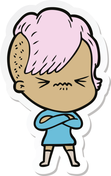 Çizgi film çıkartması. Bir insan tarafından çizilmiş sinirli hippi kız.