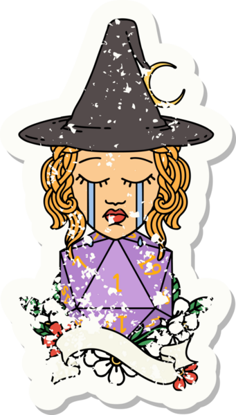 Bir insan cadının grunge etiketi ve bir insan tarafından çizilmiş doğal bir D20 rulo.