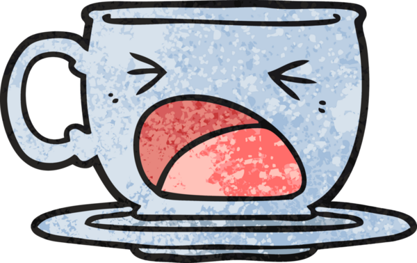 Bir insan tarafından çizilmiş çay fincanı diye bağıran çizgi film.