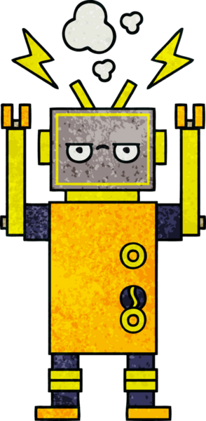 Bir insan tarafından çizilmiş arızalı bir robotun retro grunge desen karikatürü