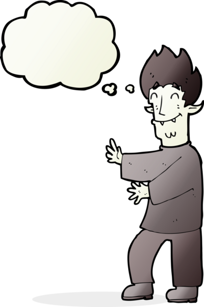 Bir insan tarafından çizilmiş düşünce baloncuğu olan heyecanlı bir vampir.