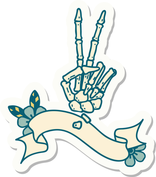 Bir insan tarafından çizilmiş barış işareti veren iskelet dövmesi stili çıkartma.