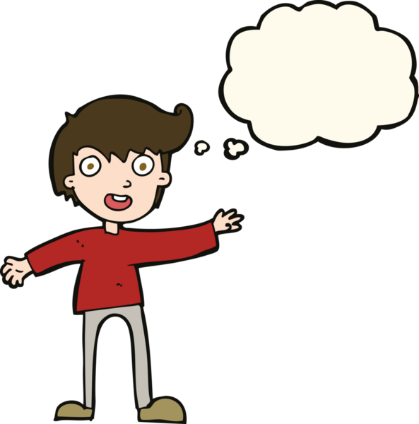 Bir insan tarafından çizilmiş düşünce baloncuğu olan heyecanlı çocuk.