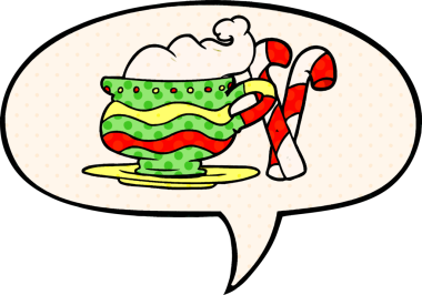 Çizgi roman tarzında çizilmiş, şeker kamışlı Noel kakaosu.