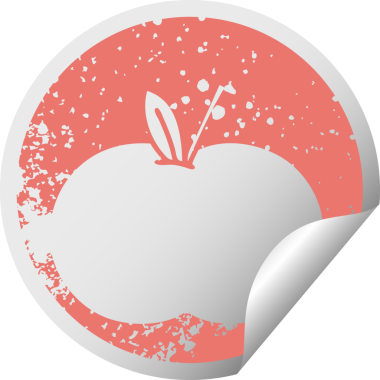 Bir insan tarafından çizilmiş sulu bir elmanın kırmızı kabuk soyma etiketi.