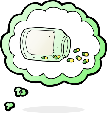 Bir insan tarafından çizilmiş düşünce baloncuklu hap kavanozu.