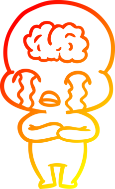 Bir çizgi filmin sıcak çizgi çizimi. Bir insan tarafından çizilmiş ağlayan büyük beyin uzaylısı.