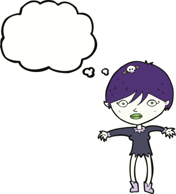 Bir insan tarafından çizilmiş düşünce balonlu vampir kız.