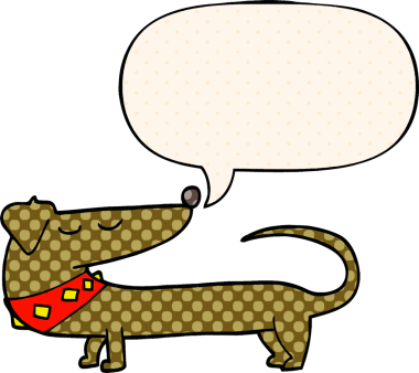 Bir insan tarafından çizilmiş çizgi roman tarzında konuşma balonu olan çizgi film köpeği.