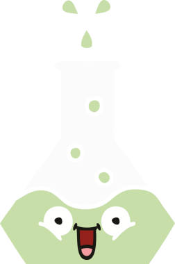 Bir insan tarafından çizilmiş bir bilim şişesinin düz renkli retro karikatürü