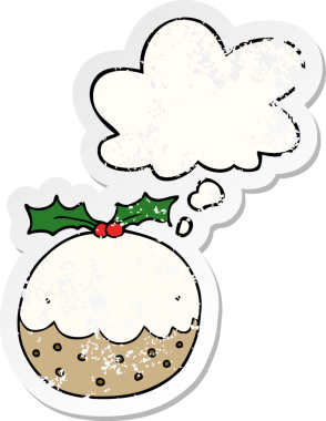 Düşünce baloncuklu Noel pudingi insan tarafından çizilmiş yıpranmış bir çıkartma.