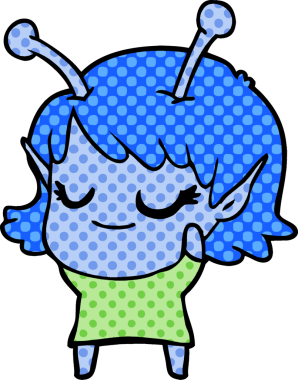 Bir insan tarafından çizilmiş gülümseyen uzaylı kız çizgi filmi.