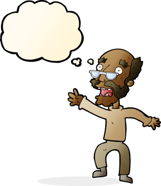 Çizgi film, bir insan tarafından çizilmiş düşünce balonuyla korkmuş yaşlı bir adam.