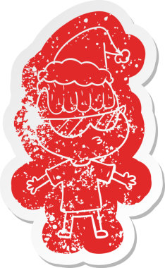 Garip bir çizgi film. Güneş gözlüğü takan, Noel Baba şapkası takan bir çocuğun insan tarafından çizilmiş çıkartması.