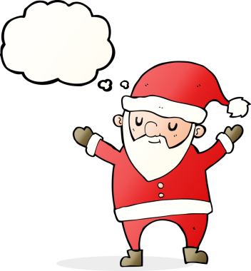 Bir insan tarafından çizilmiş düşünce balonuyla dans eden noel baba çizgi filmi.