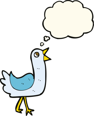 Bir insan tarafından çizilmiş düşünce baloncuklu çizgi film kuşu.