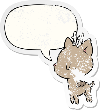 Konuşma baloncuğu olan şirin bir karikatür geyiği, bir insan tarafından çizilmiş sıkıntılı eski bir çıkartma.