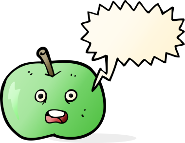 Bir insan tarafından çizilmiş konuşma balonlu parlak elma çizgi filmi.