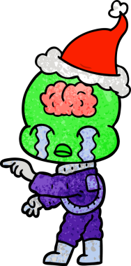 Ağlayan ve Noel Baba şapkası takan büyük beyinli bir uzaylının el çizimi karikatürü.