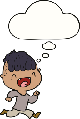 Bir insan tarafından çizilmiş düşünce baloncuğuyla gülüp kaçan mutlu çocuk.