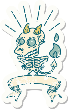 Bir insan tarafından çizilmiş eski bir dövme stili iskelet şeytan karakteri çıkartması.