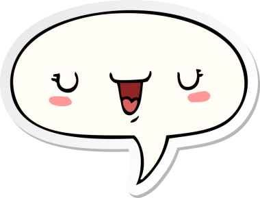 Bir insan tarafından çizilmiş konuşma kabarcığı çıkartmalı sevimli mutlu yüz karikatürü.