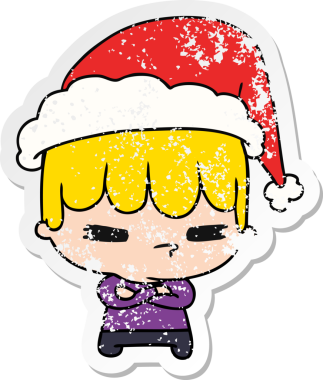 Bir insan tarafından çizilmiş Kawai çocuğunun, sıkıntılı yılbaşı çıkartması.