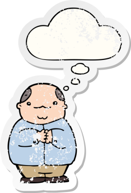 Düşünce baloncuğu olan kelleşen bir çizgi film karakteri insan tarafından çizilmiş yıpranmış bir çıkartma gibi.