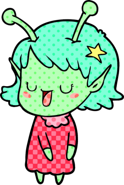 Bir insan tarafından çizilmiş mutlu uzaylı kız çizgi filmi.