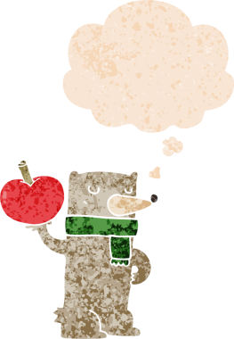 Düşünce baloncuklu elmalı çizgi film ayısı grunge sıkıntılı retro dokuma tarzı bir insan tarafından çizilmiş