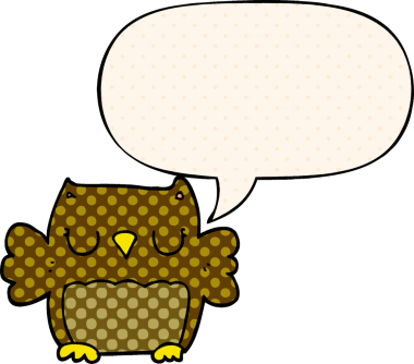 Bir insan tarafından çizilmiş çizgi roman tarzında konuşma balonu olan sevimli bir baykuş.