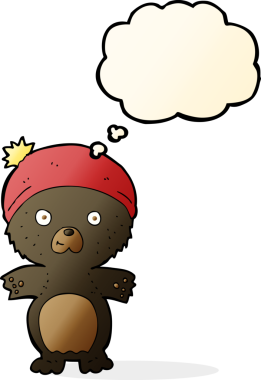 şapkalı şirin siyah ayı. Düşünce baloncuğu insan tarafından çizilmiş.